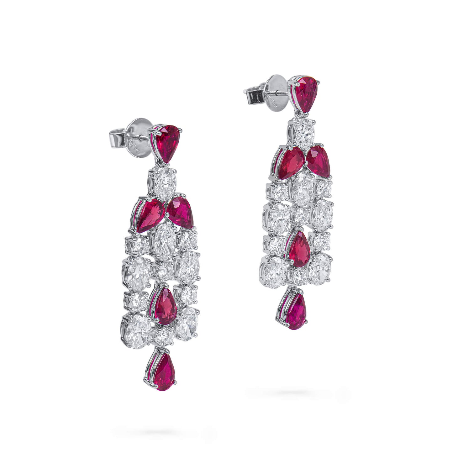 Natural Diamond and Vivid Red Ruby Chandelier Earrings, 18K White Gold, Pear Shape, 9.51 Ct. TW