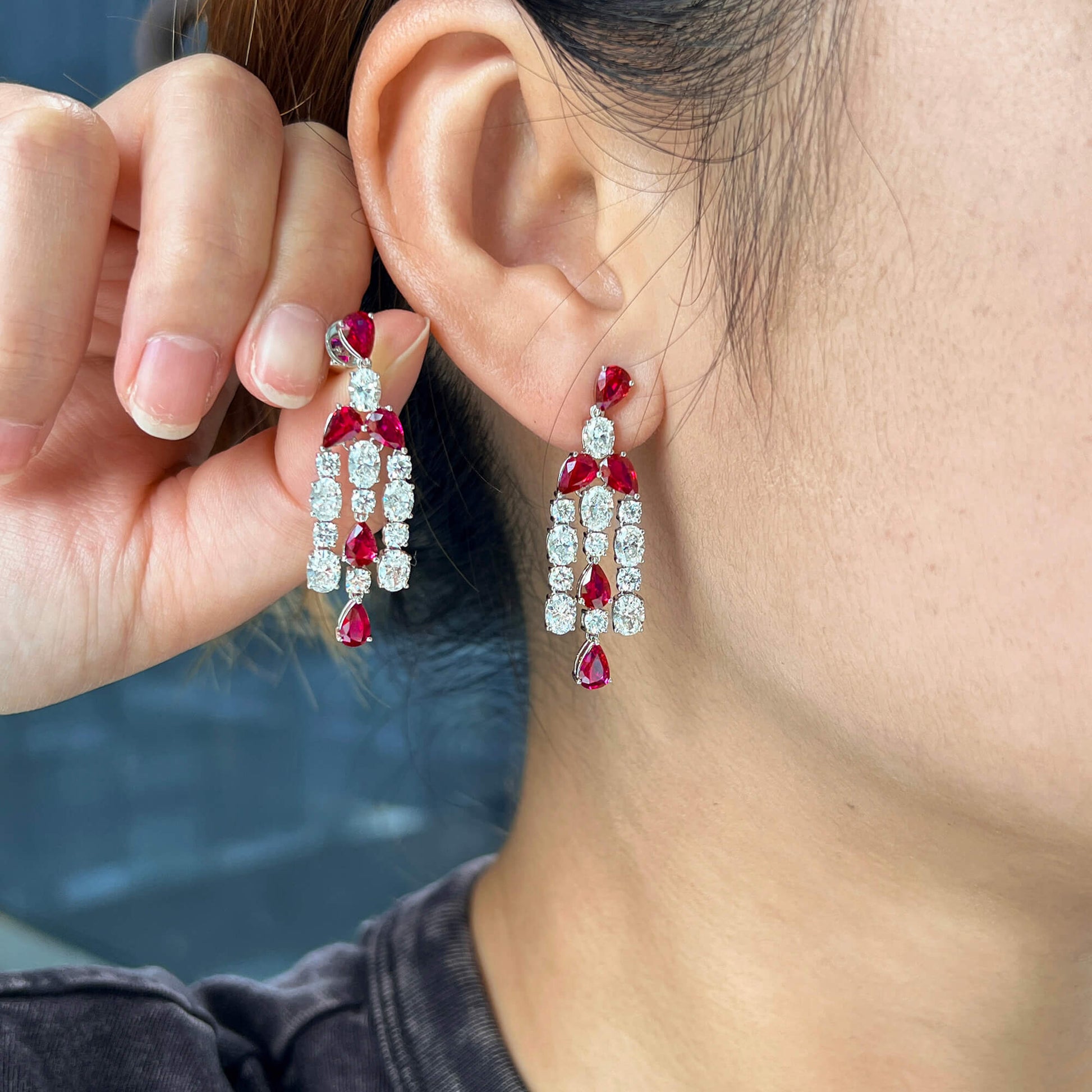 Natural Diamond and Vivid Red Ruby Chandelier Earrings, 18K White Gold, Pear Shape, 9.51 Ct. TW