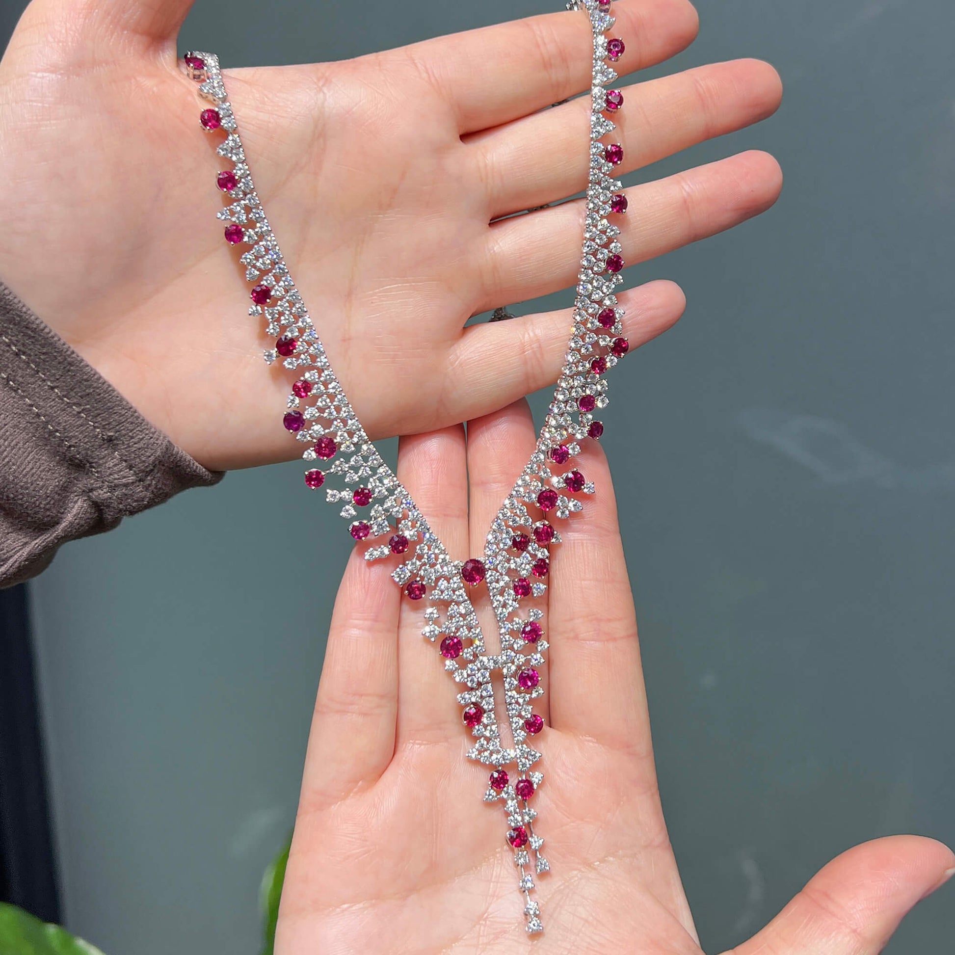 Natural Ruby And Diamond Necklace, 18K White Gold, 31.14 Ct. TW