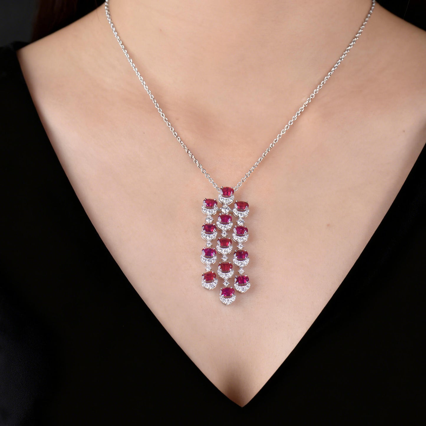 Natural Vivid Red Ruby Pendant, 18K White Gold, Oval Shape, 4.25 Ct. TW, unheated