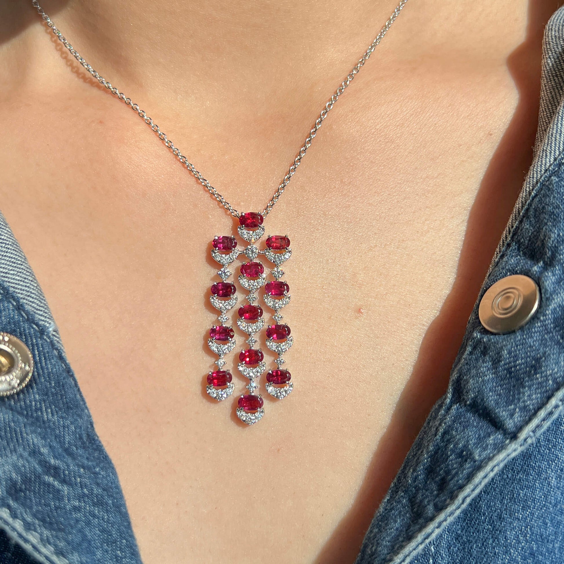 Natural Vivid Red Ruby Pendant, 18K White Gold, Oval Shape, 4.25 Ct. TW, unheated