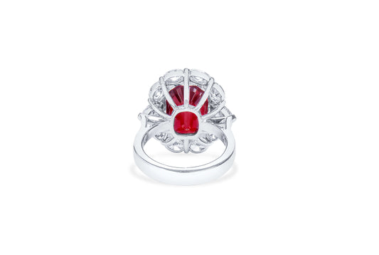Natural Vivid Red Ruby Halo Ring, 18K White Gold, Oval Shape, 12.67 Ct. TW