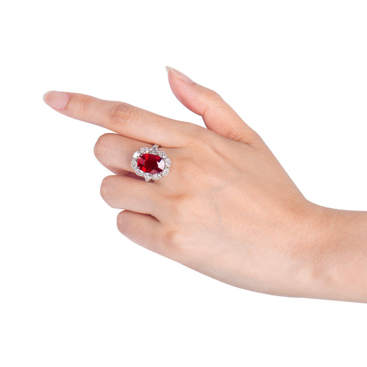 Natural Vivid Red Ruby Halo Ring, 18K White Gold, Oval Shape, 12.67 Ct. TW