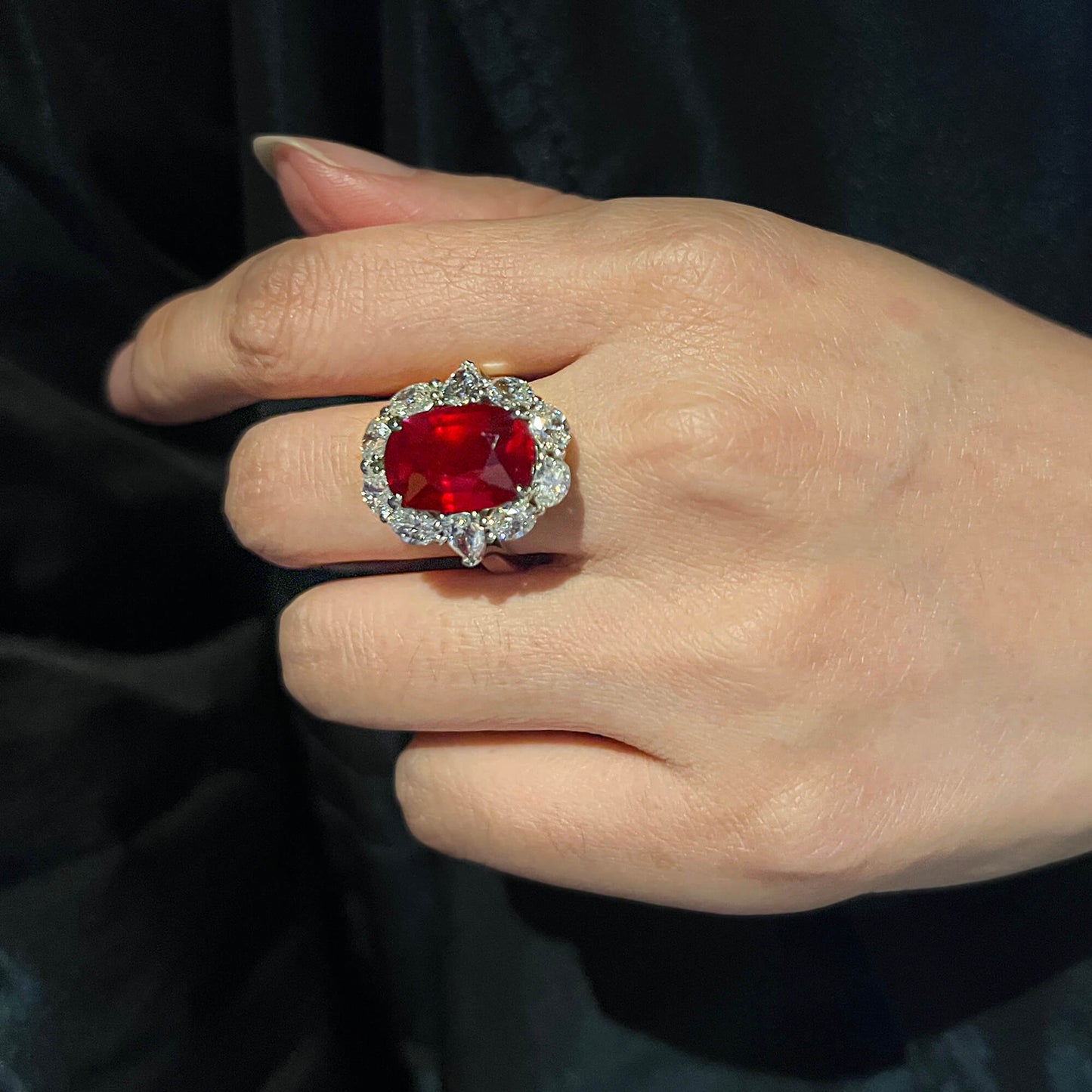 Natural 10.02 Ct. Unheated Oval-Cut Ruby & Diamond Cocktail Ring, 18K White Gold