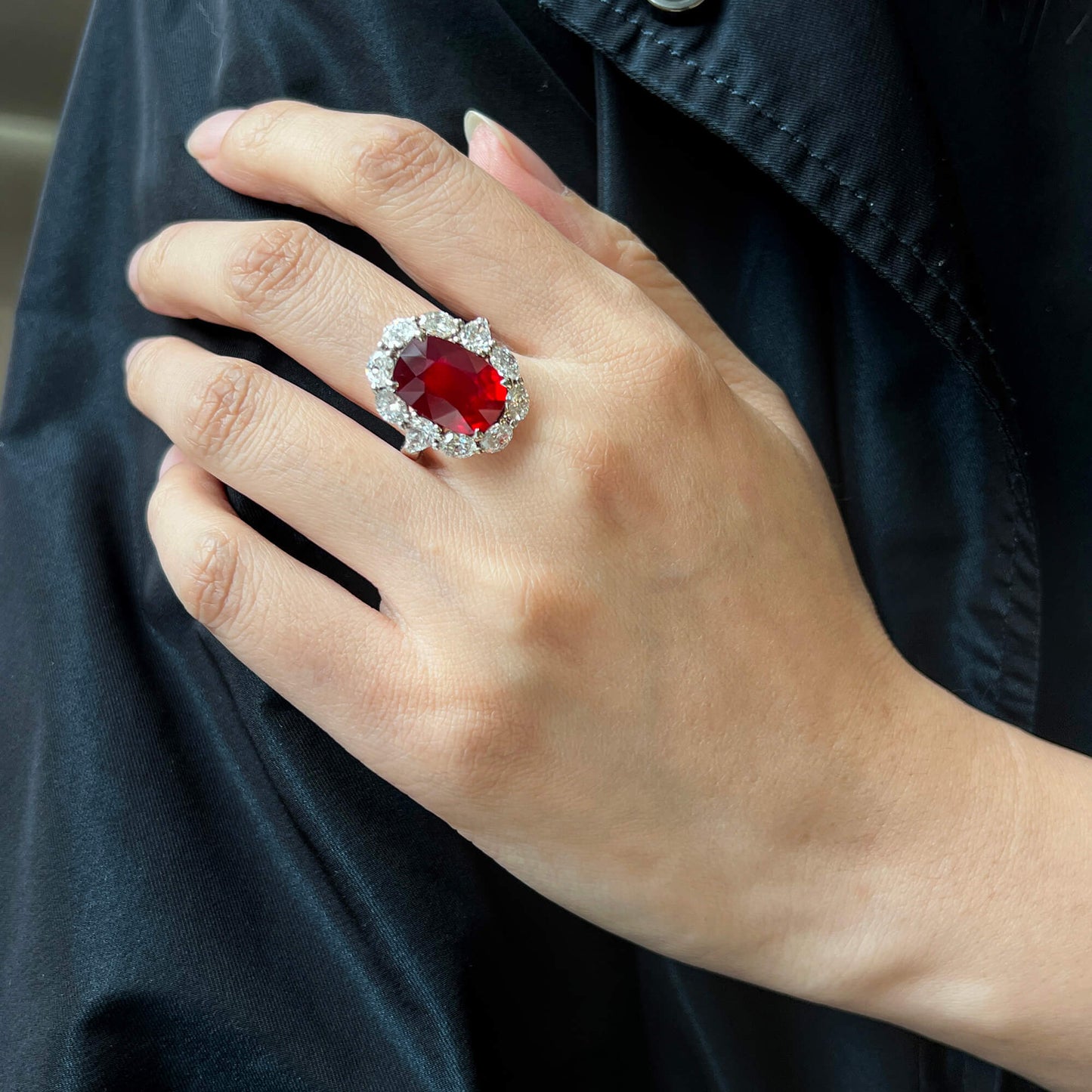 Natural 10.02 Ct. Unheated Oval-Cut Ruby & Diamond Cocktail Ring, 18K White Gold