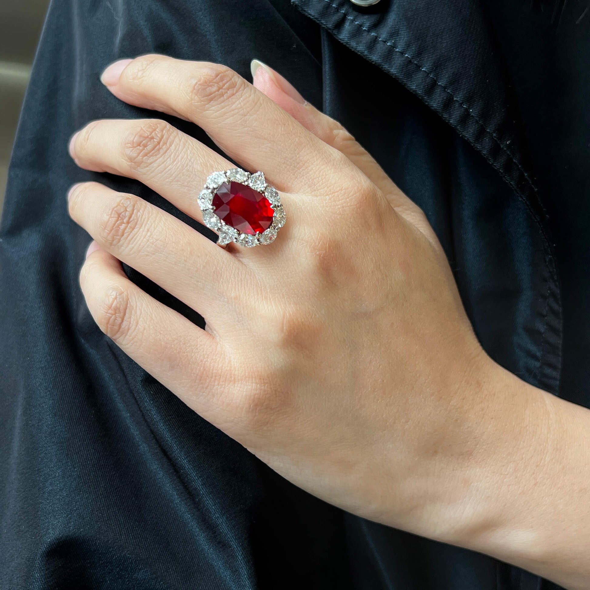 Natural 10.02 Ct. Unheated Oval-Cut Ruby & Diamond Cocktail Ring, 18K White Gold