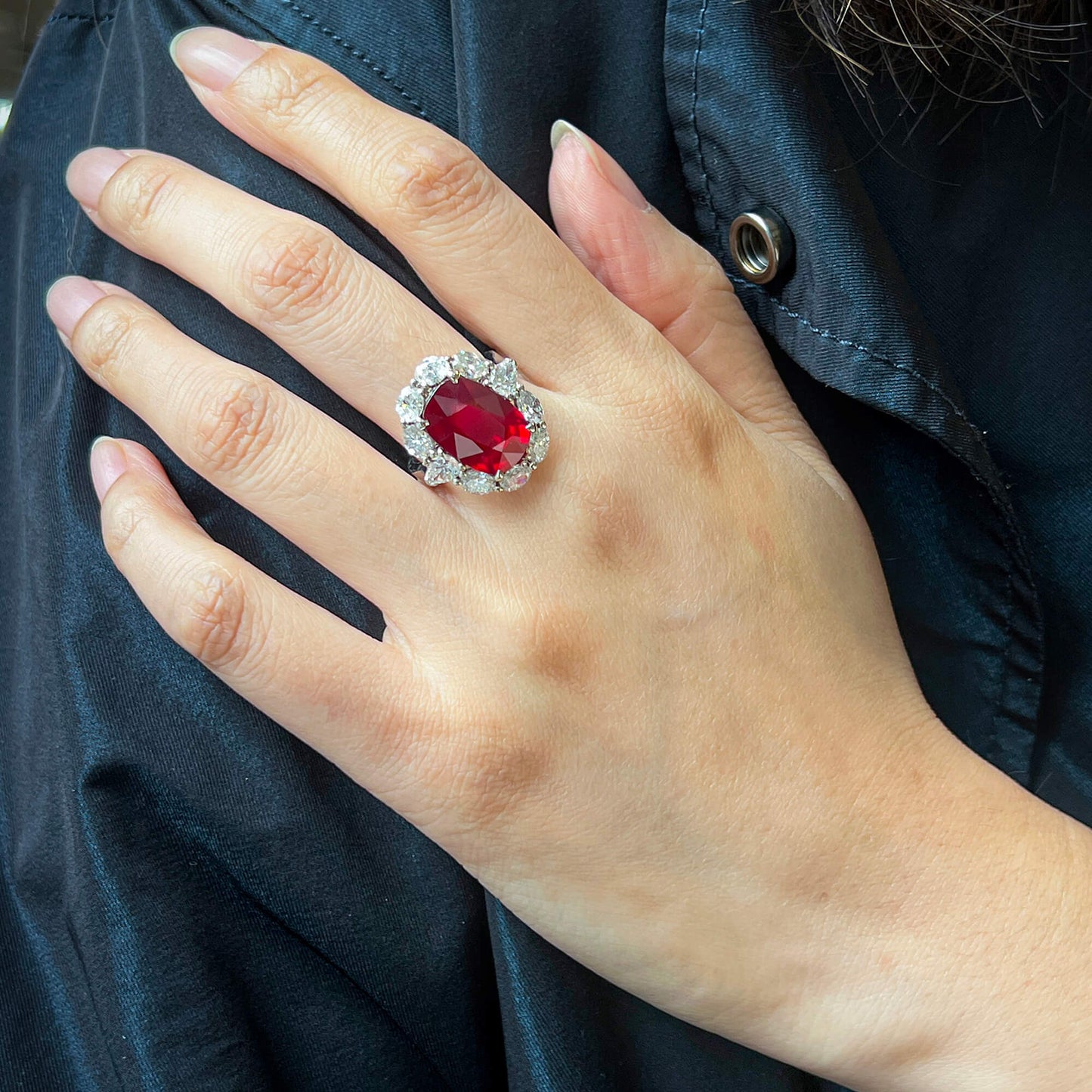 Natural 10.02 Ct. Unheated Oval-Cut Ruby & Diamond Cocktail Ring, 18K White Gold
