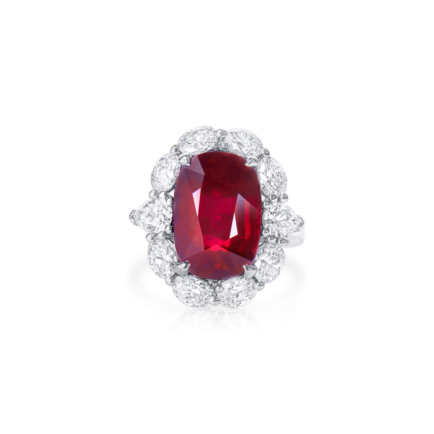 Natural Vivid Red Ruby Halo Ring, 18K White Gold, Oval Shape, 12.67 Ct. TW