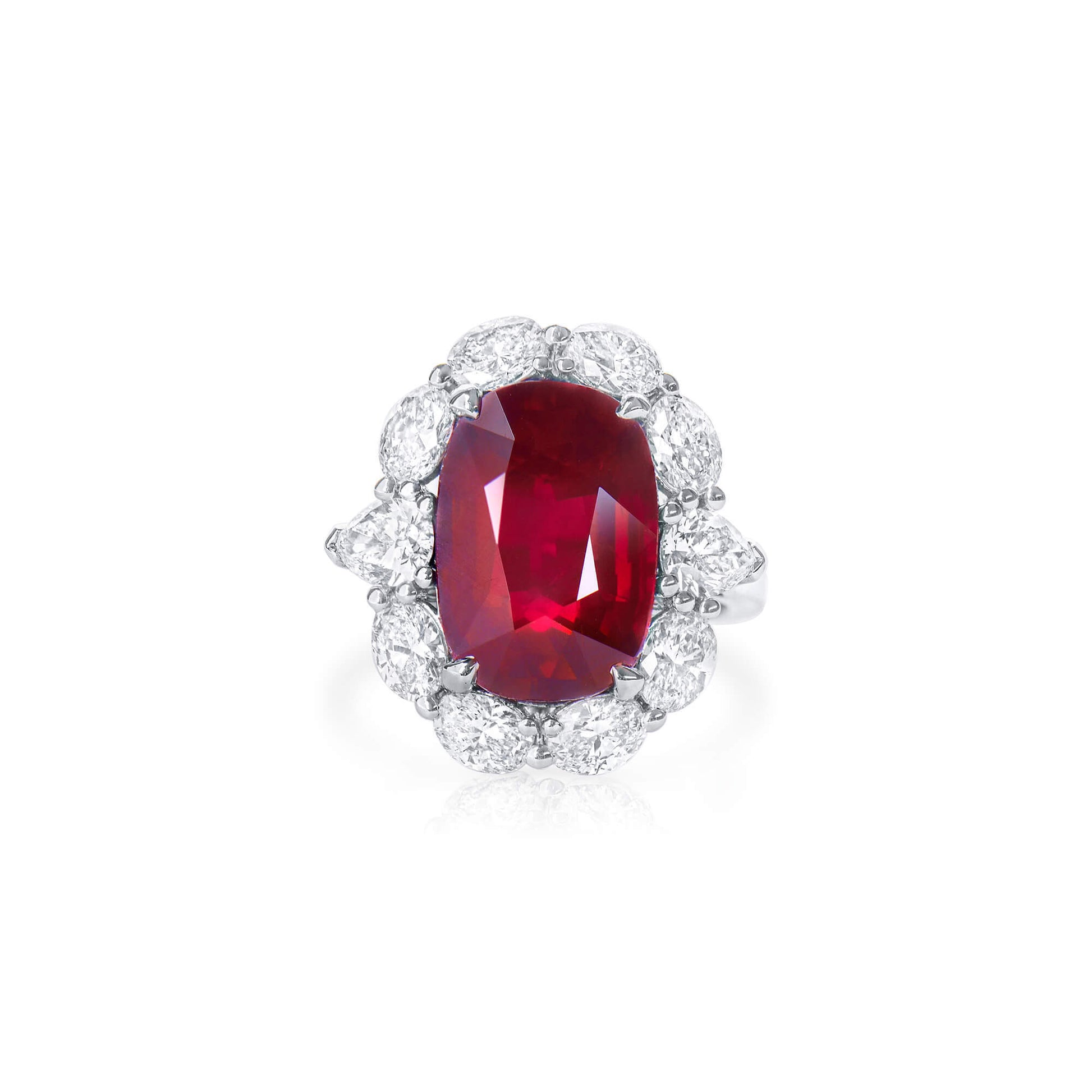 Natural Vivid Red Ruby Halo Ring, 18K White Gold, Oval Shape, 12.67 Ct. TW