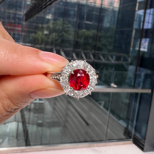 Natural Vivid Red Burmese Ruby Halo Ring, 18K White Gold, Oval Shape, 3.71 Ct. TW, unheated