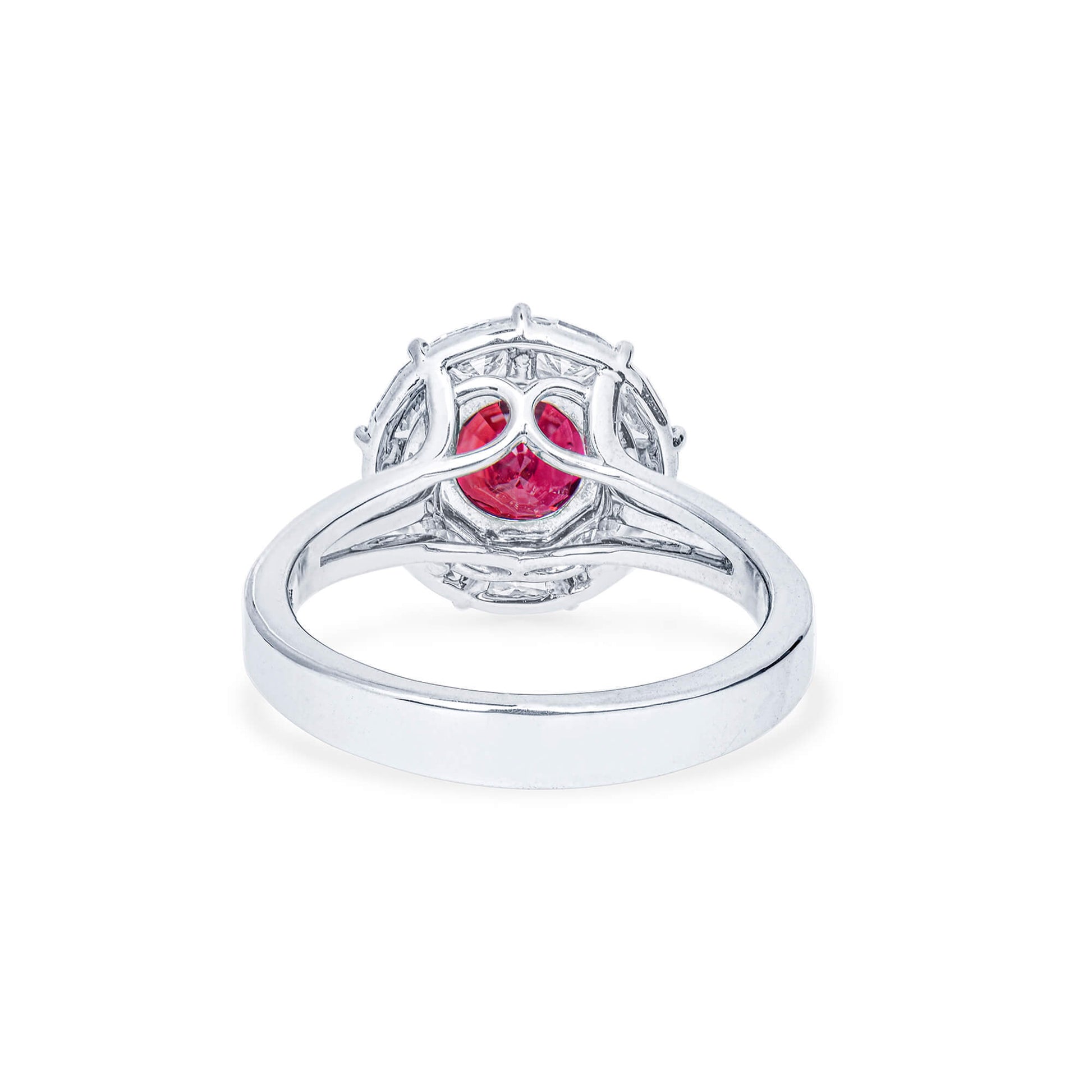 Natural Vivid Red Burmese Ruby Halo Ring, 18K White Gold, Oval Shape, 3.71 Ct. TW, unheated
