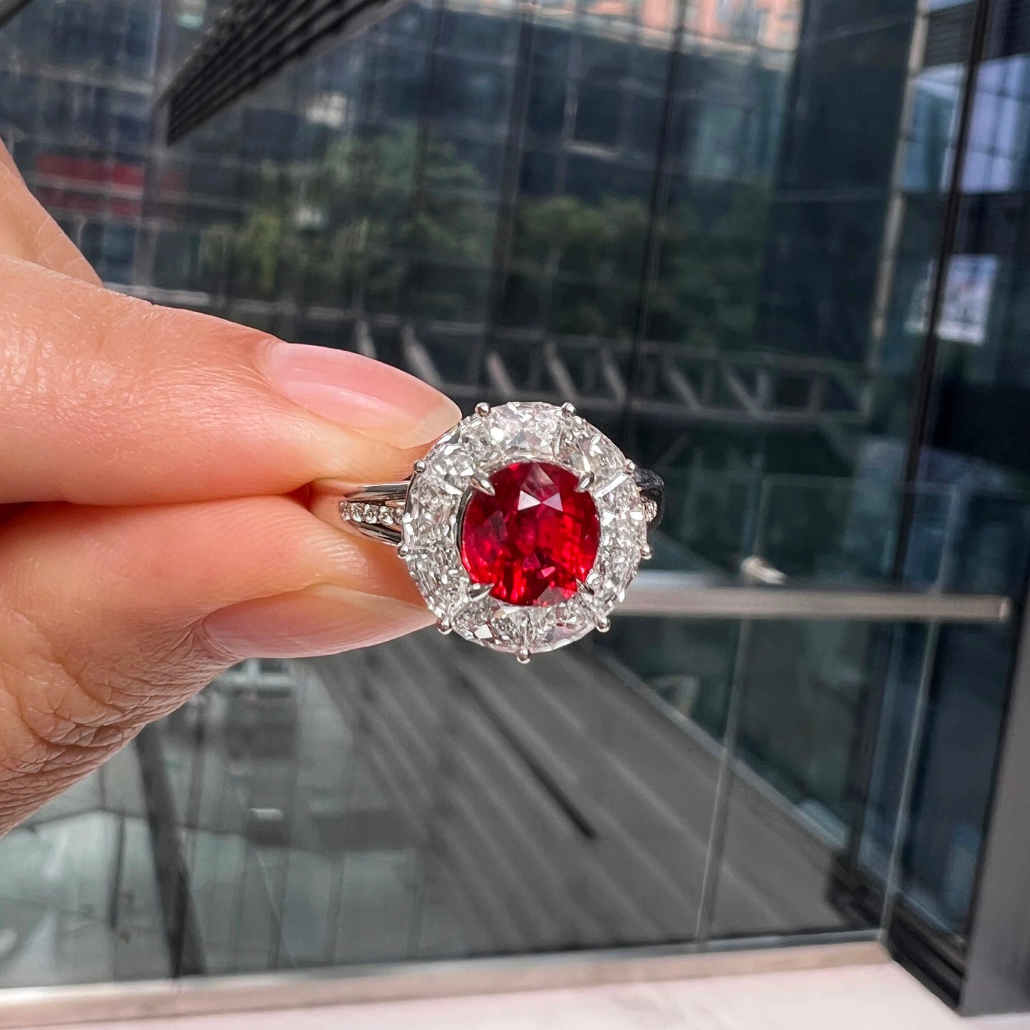 Natural Vivid Red Burmese Ruby Halo Ring, 18K White Gold, Oval Shape, 3.71 Ct. TW, unheated