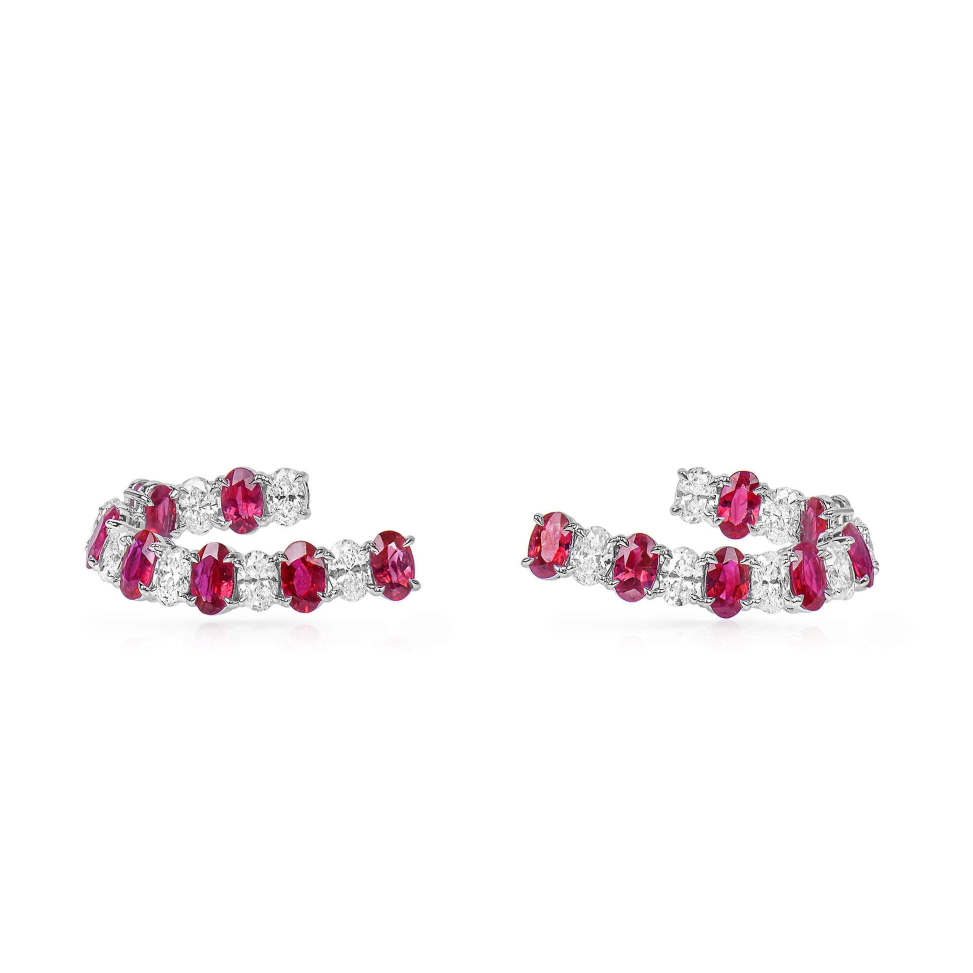 Natural Diamond and Vivid Red Burmese Ruby Hoop Earrings, 18K White Gold, Oval Shape, 5.01 Ct. TW