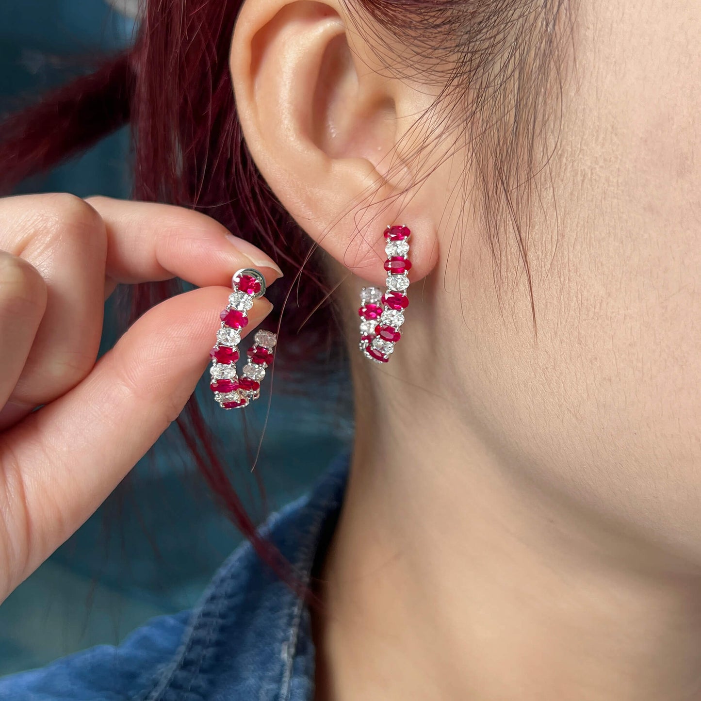 Natural Diamond and Vivid Red Burmese Ruby Hoop Earrings, 18K White Gold, Oval Shape, 5.01 Ct. TW