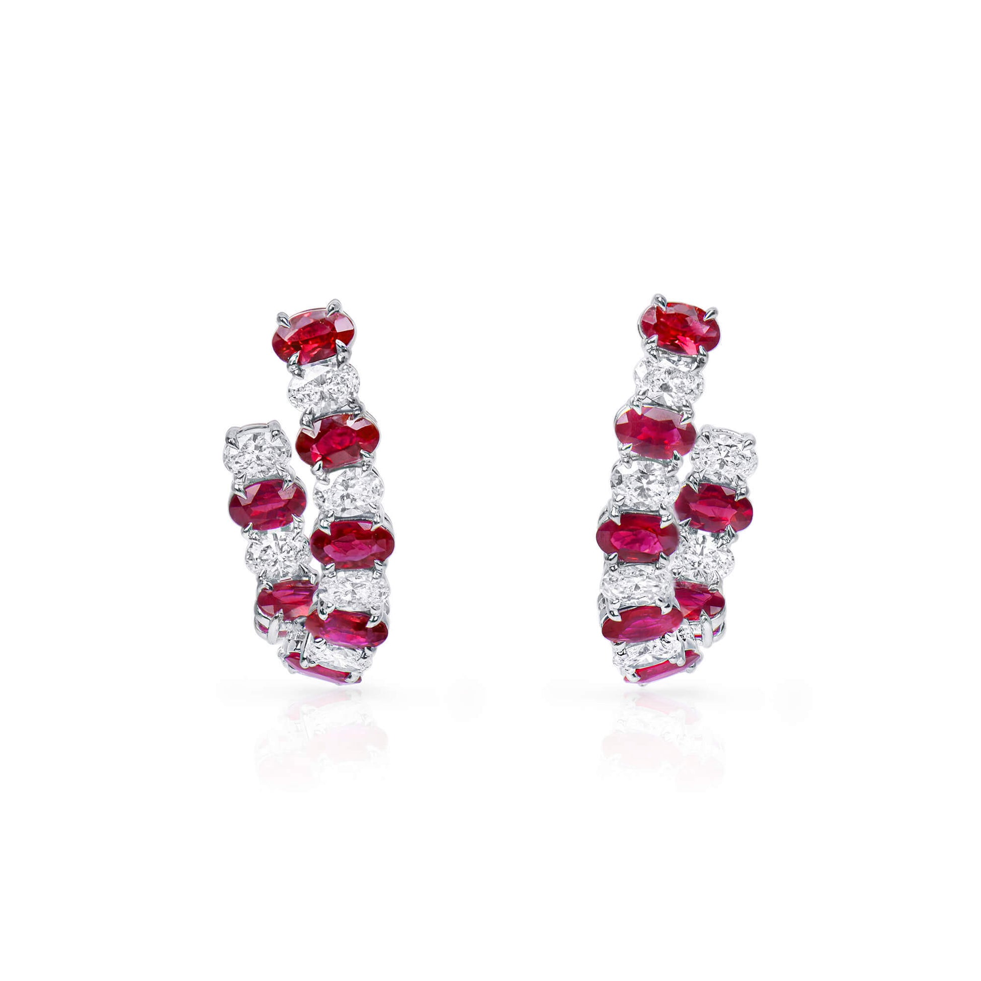 Natural Diamond and Vivid Red Burmese Ruby Hoop Earrings, 18K White Gold, Oval Shape, 5.01 Ct. TW