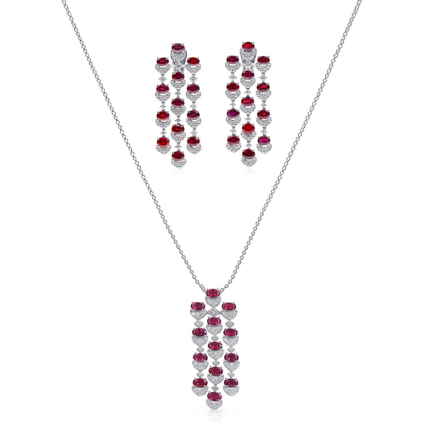 Natural 14.98 Ct. TW Oval-Cut Ruby & Diamond Jewelry Set, 18K White Gold