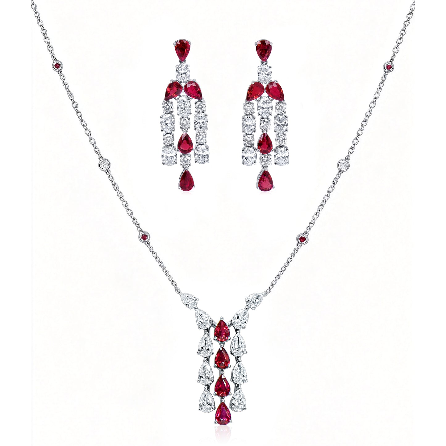 Natural 14.61 Ct. TW Pear-Cut Ruby & Diamond Set, 18K White Gold