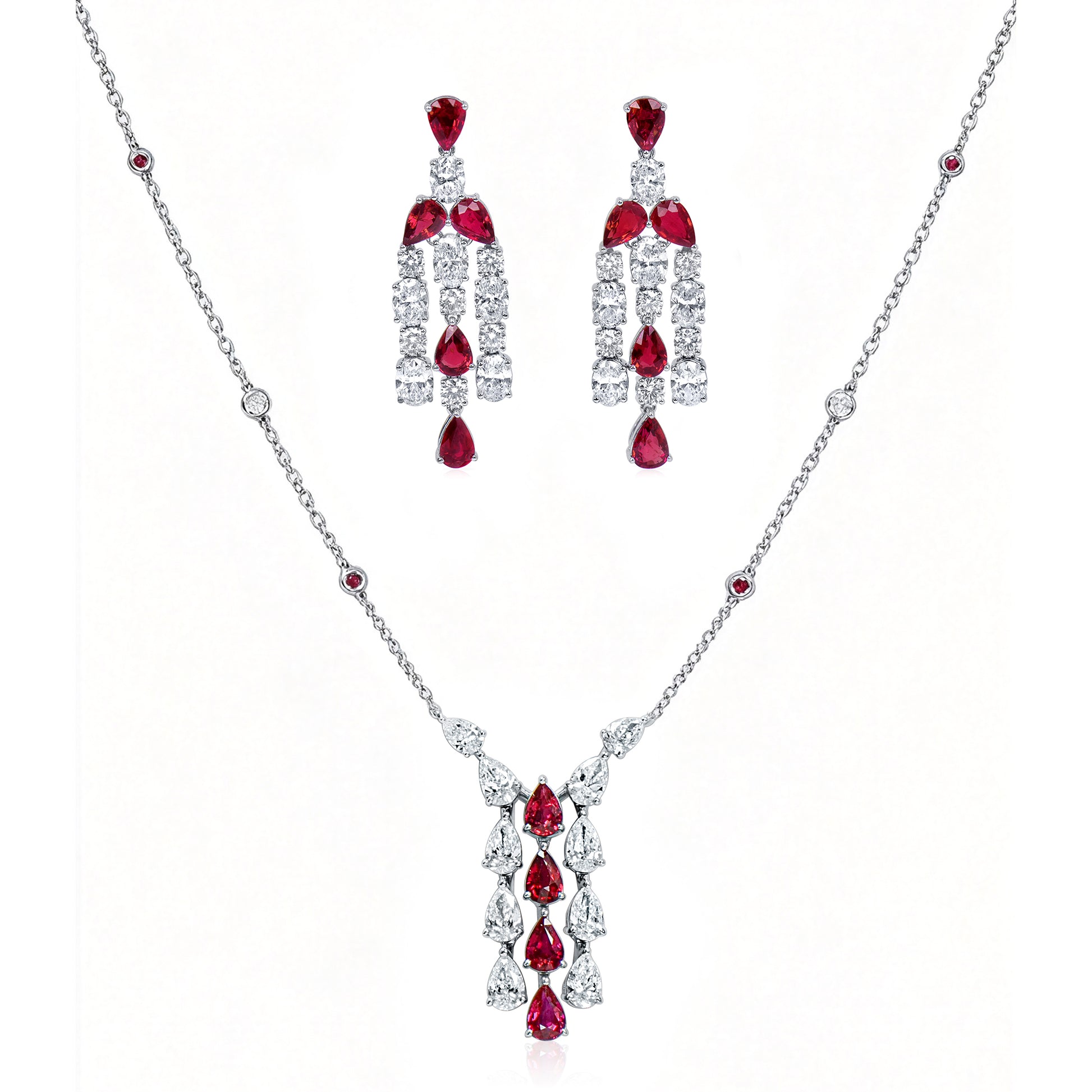 Natural 14.61 Ct. TW Pear-Cut Ruby & Diamond Set, 18K White Gold