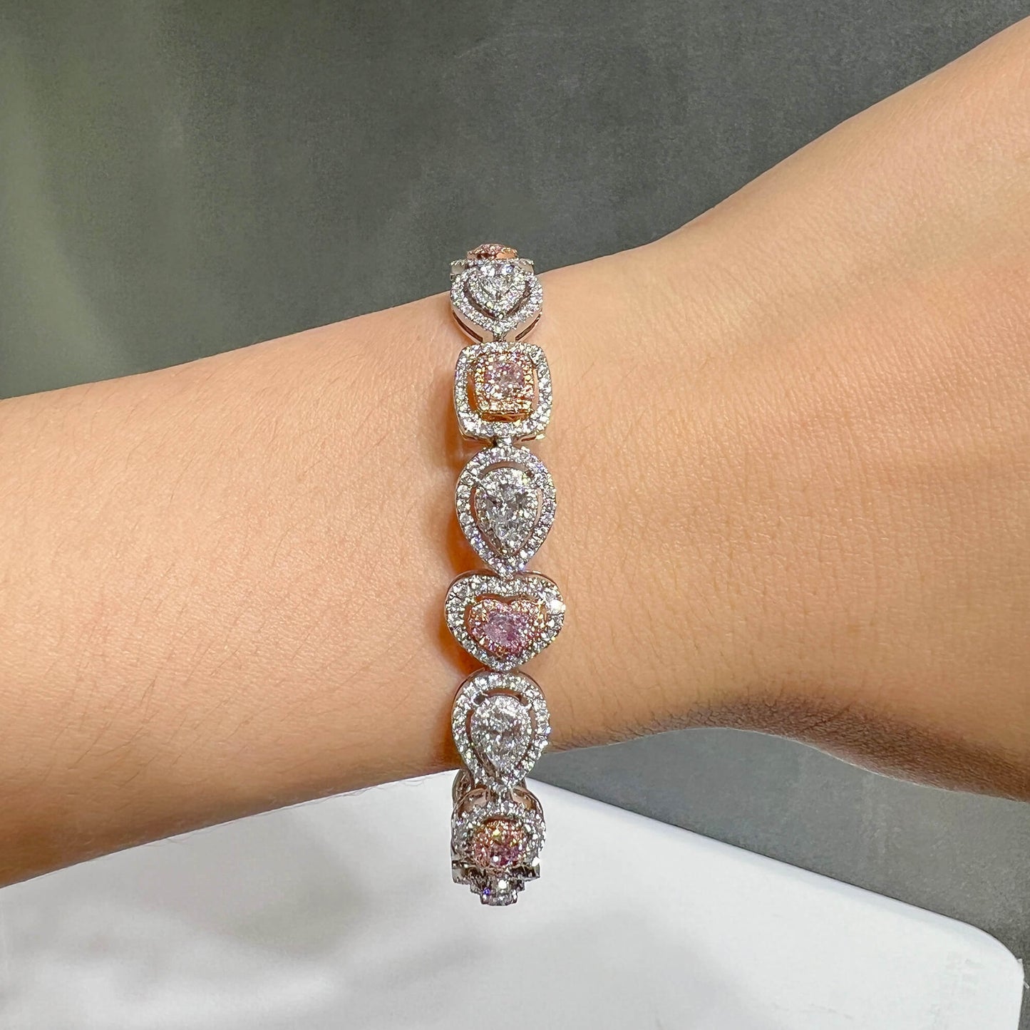 Natural Light Pink Diamond Bracelet, 18K White Gold, Pear Shape, 7.36 Ct. TW