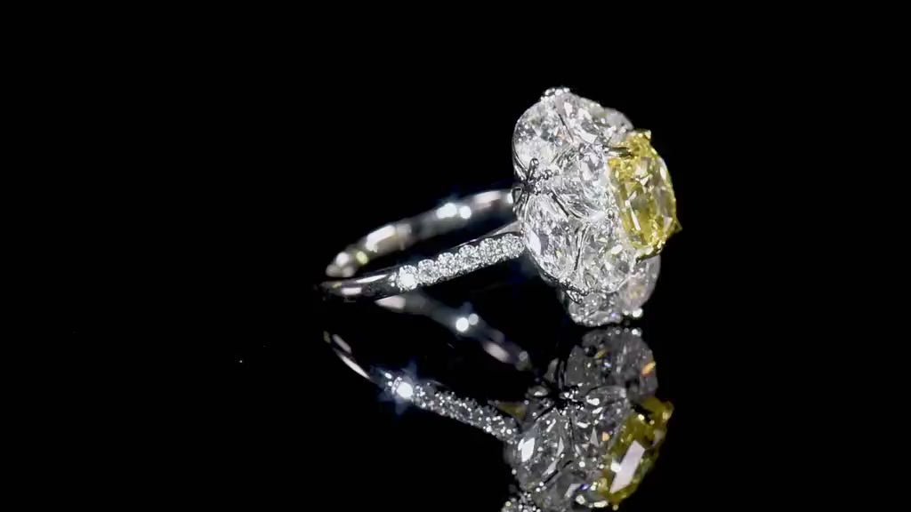 Natural 3.07 Ct. Fancy Intense Yellow Cushion-Cut Diamond Ring, 18K White Gold