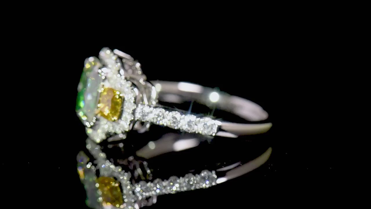 Natural Green and Yellow Diamond Ring, 18K White Gold, Radiant Shape, 2.98 Ct. TW