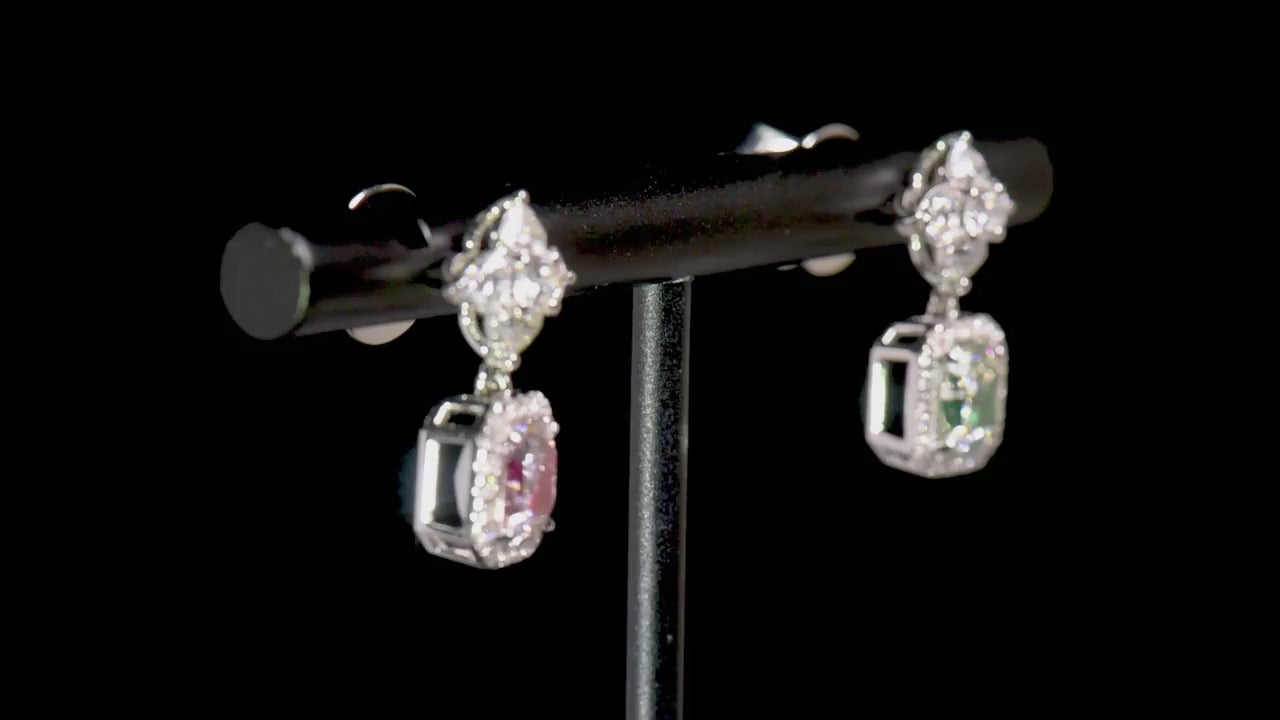 Pink And Green Diamond Drop Earrings, 2.78 Ct. TW, Radiant shape, GIA Certified