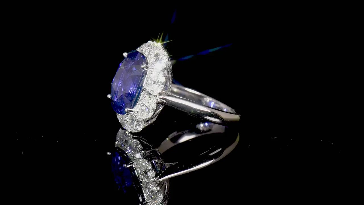 Natural Vivid Blue Ceylon Sapphire Halo Ring, 18K White Gold, Cushion Shape, 16.66 Ct. TW, unheated