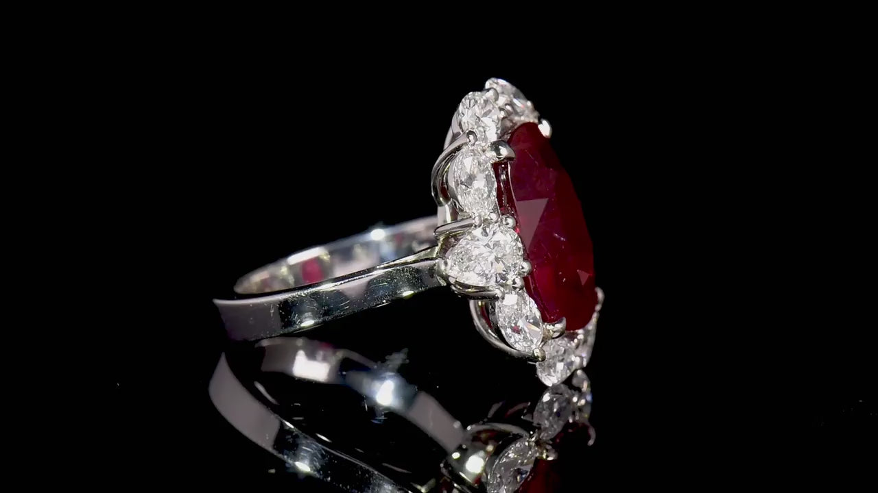 Natural Vivid Red Ruby Cocktail Ring, 18K White Gold, Oval Shape, 12.67 Ct. TW