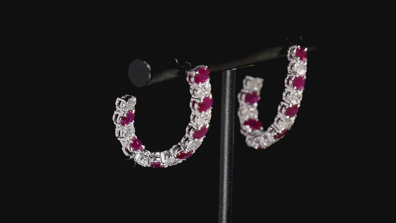 Natural Diamond and Vivid Red Burmese Ruby Hoop Earrings, 18K White Gold, Oval Shape, 5.01 Ct. TW