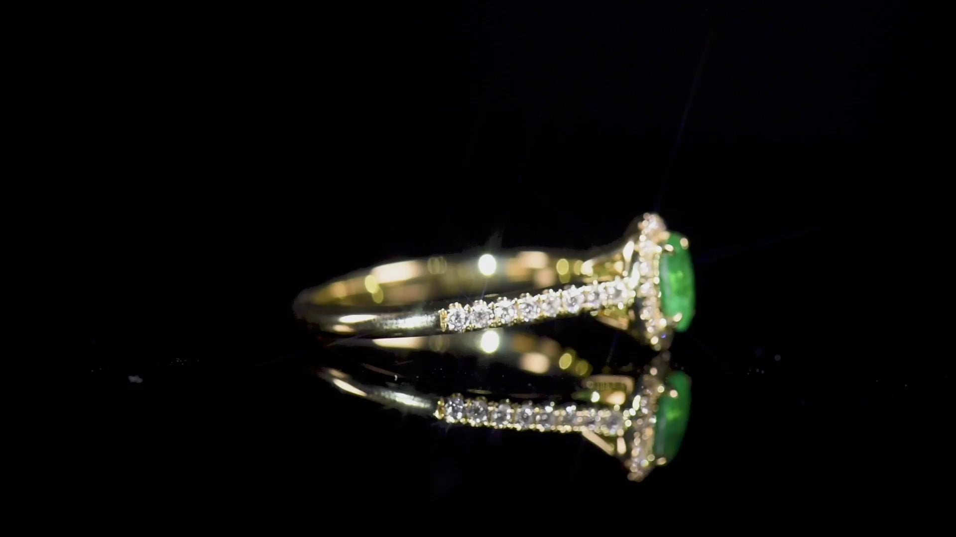 Natural Vivid Green Emerald Halo Ring, 18K Yellow Gold, Oval Shape, 0.60 Ct. TW