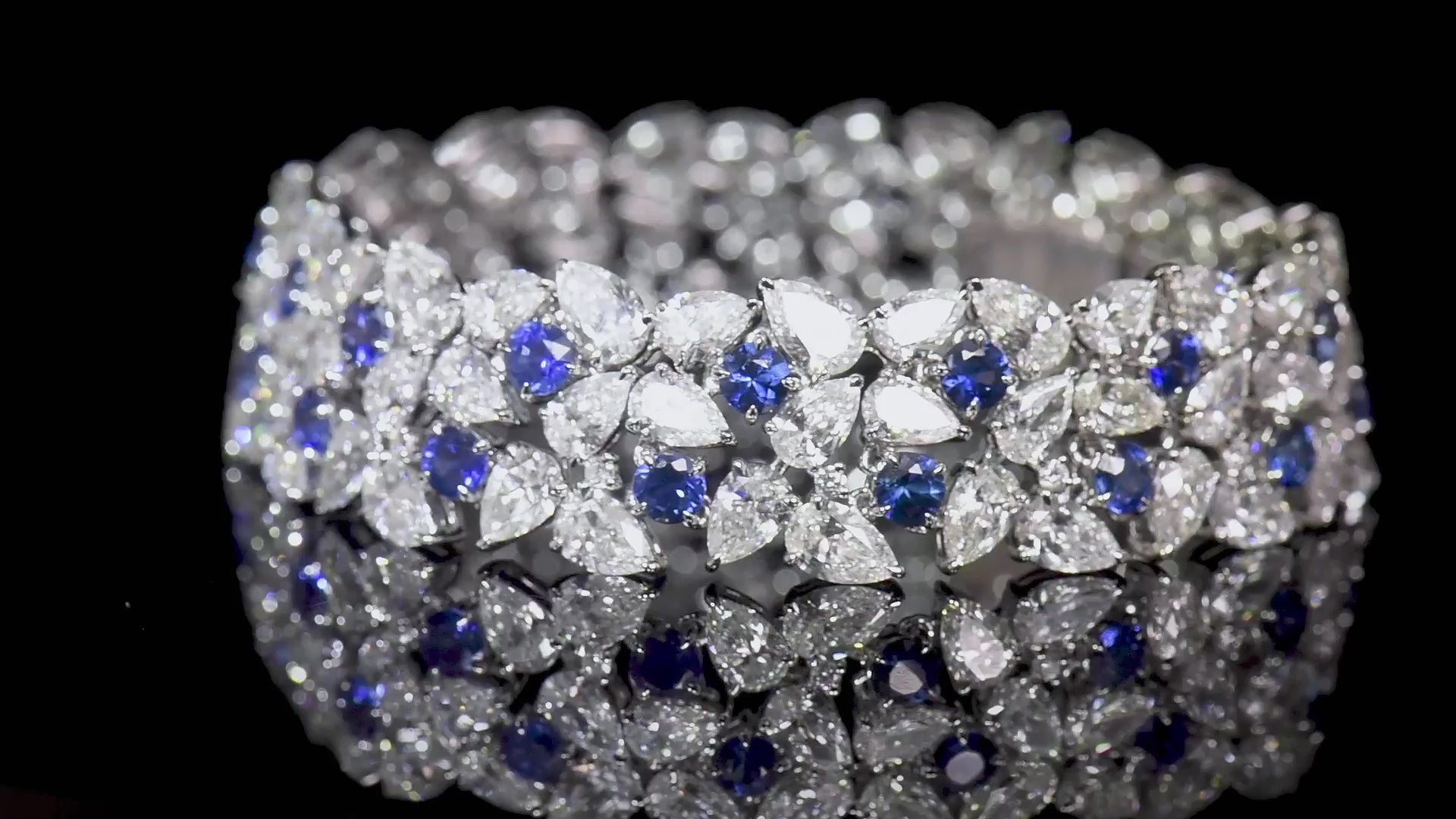 Natural Vivid Blue Sapphire & Diamond Bracelet, 18K White Gold, Round & Pear Shape, 32.60 Ct. TW