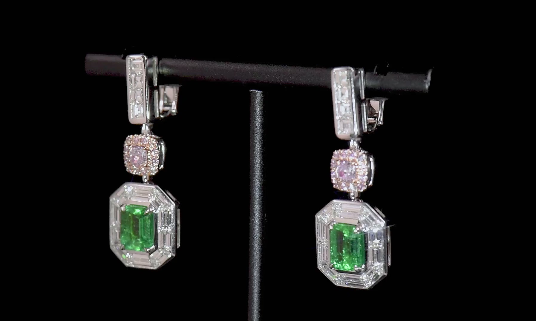 Natural Green Colombian Emerald Drop Earrings, 18K White Gold, Emerald Shape, 5.04 Ct. TW
