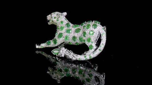 Natural Emerald & Diamond Tiger Brooch, 14K White Gold, 7.85 Ct. TW