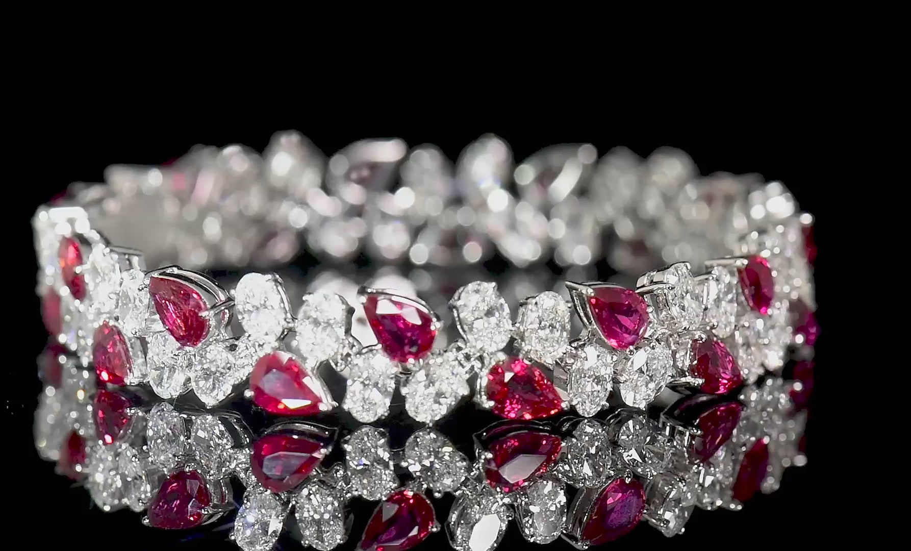 Natural Vivid Red Burmese Ruby and White Diamond Bracelet, 18K White Gold, Pear Shape, 19.57 Ct. TW, unheated
