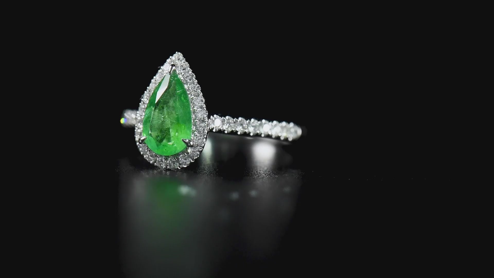 Natural Green Colombian Emerald Halo Ring, 18K White Gold, Pear Shape, 1.11 Ct. TW