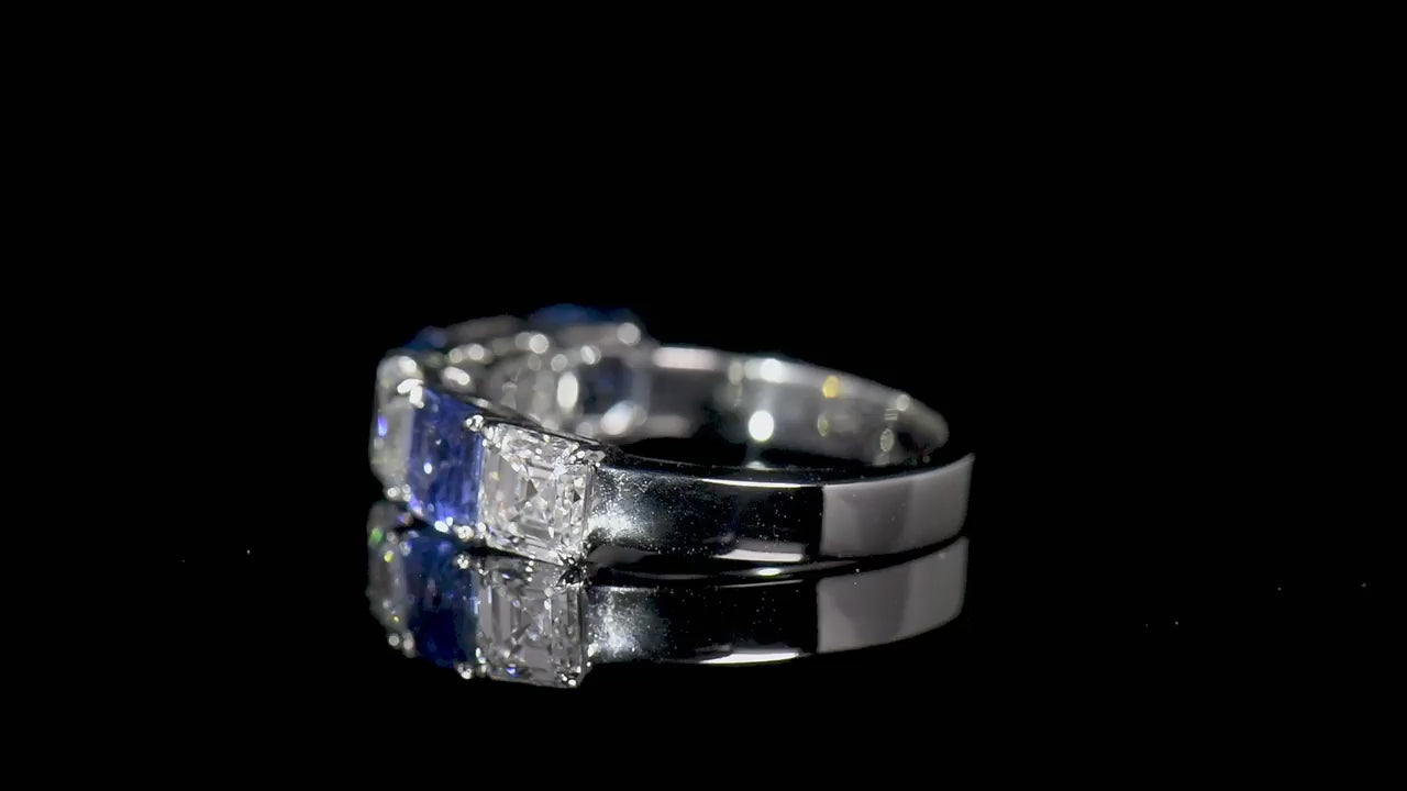 Natural Diamond And Sapphire Half Eternity Ring, 18K White Gold, Asscher Cut, 3.13 Ct. TW