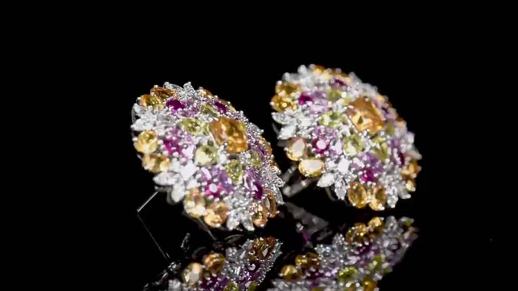 Natural 15.67 Ct. TW Sapphire & Diamond Flower Earrings, 18K White Gold