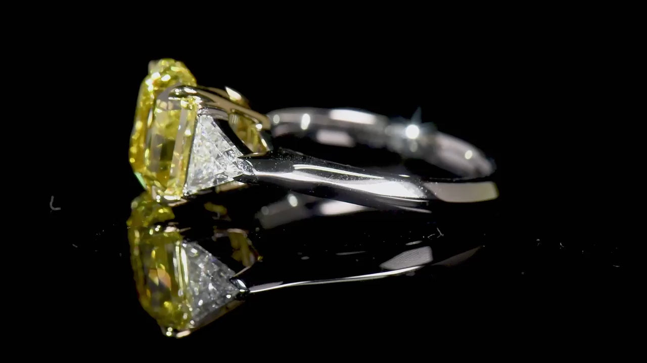 Natural Fancy Vivid Yellow Diamond Three Stone Ring, 18K White Gold, Radiant Shape, 6.05 Ct. TW