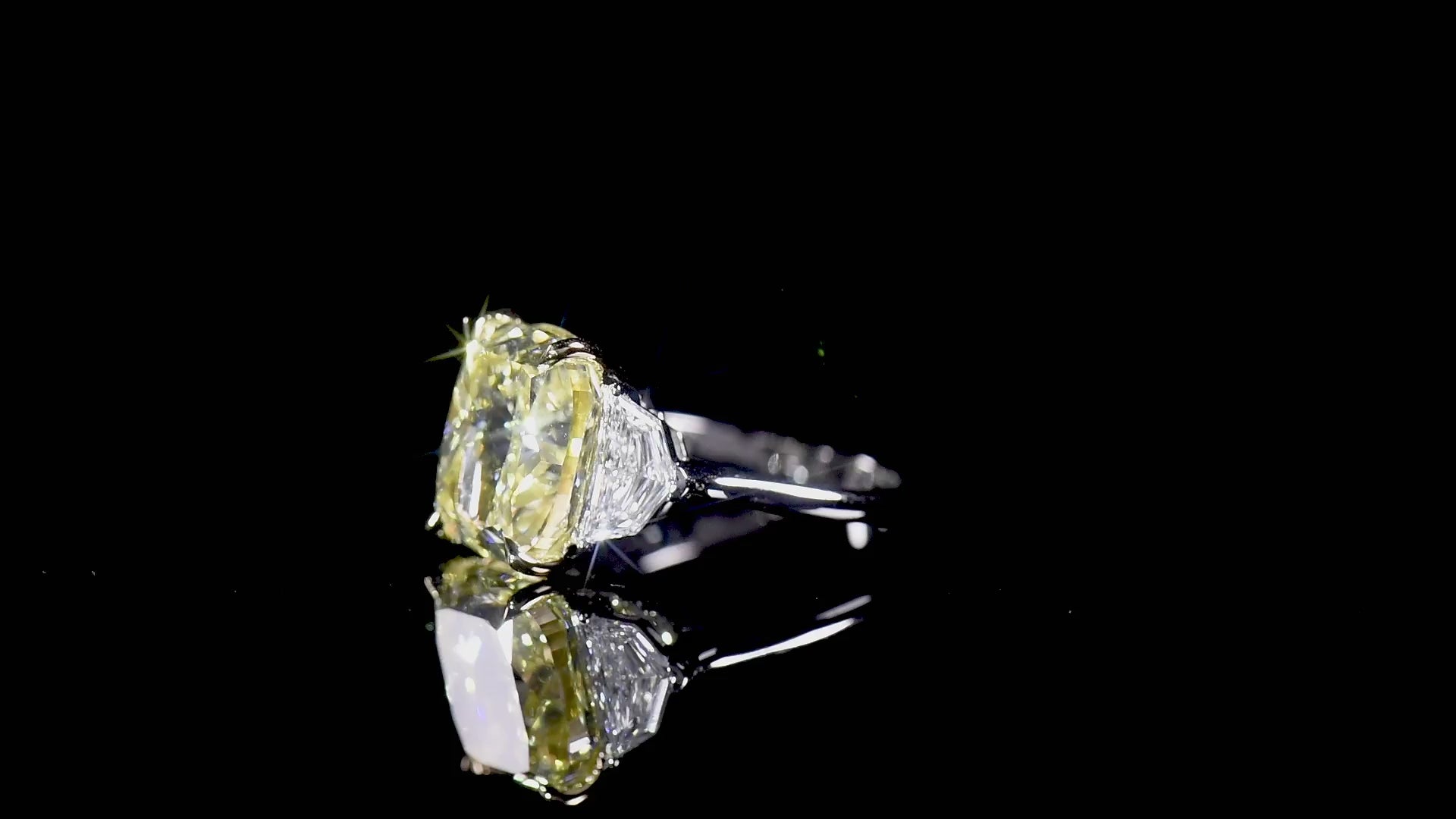 Natural Fancy Light Yellow Diamond Three Stone Ring, 18K White & Yellow Gold, Cushion Shape, 9.09 Ct. TW