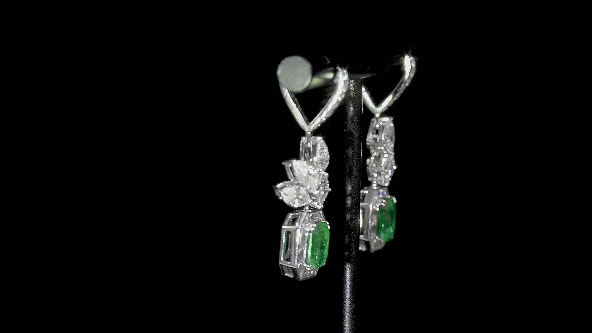 Natural Vivid Green Colombian Emerald and White Diamond Drop Earrings, 18K White Gold, Cushion Shape, 7.24 Ct. TW