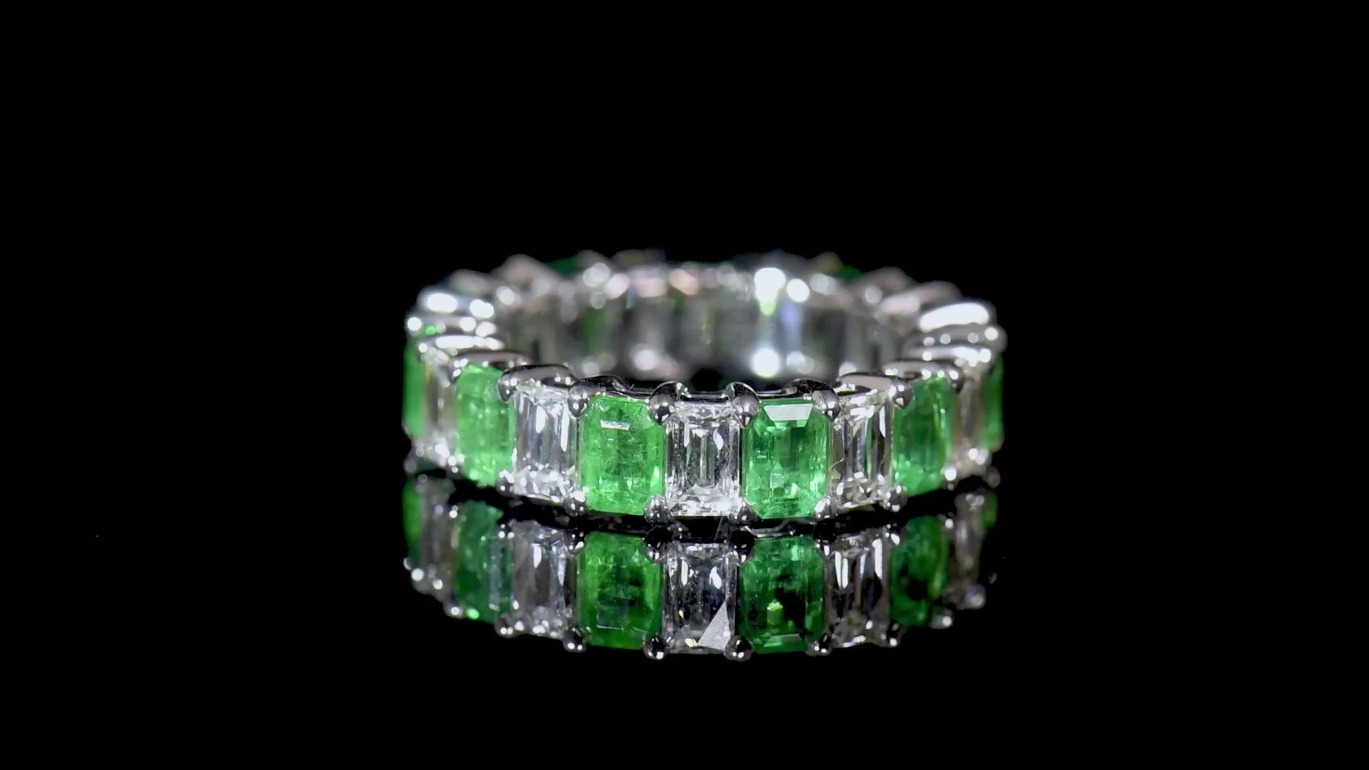 Natural Diamond and Green Colombian Emerald Eternity Ring, 18K White Gold, Emerald Shape, 5.98 Ct. TW