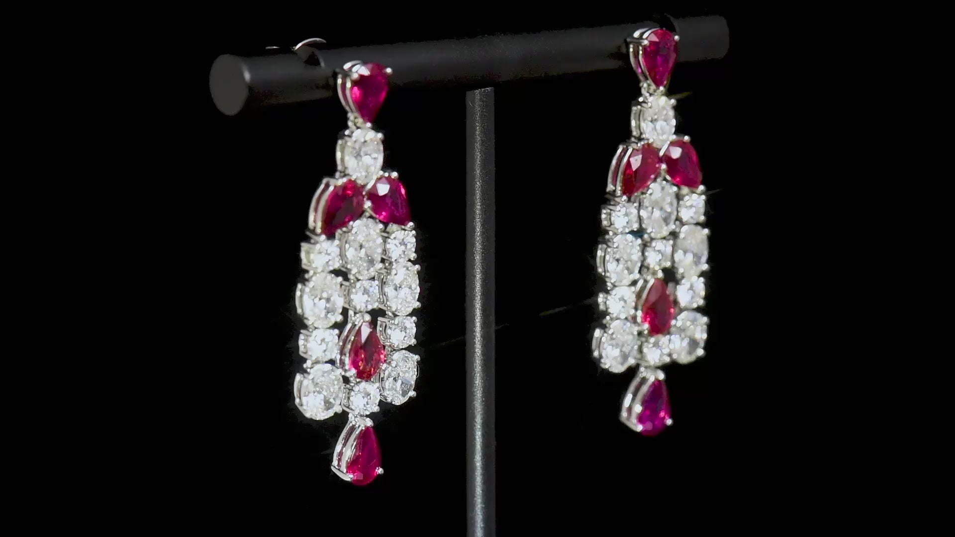 Natural Diamond and Vivid Red Ruby Chandelier Earrings, 18K White Gold, Pear Shape, 9.51 Ct. TW