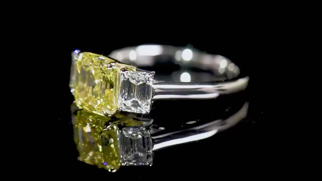 Natural 3.20 Ct. TW Yellow Asscher-Cut Diamond Three Stone Ring, 18K White & Yellow Gold