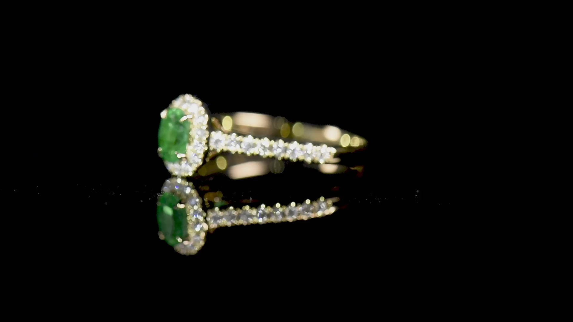 Natural Vivid Green Emerald Halo Ring, 18K Yellow Gold, Oval Shape, 0.52 Ct. TW