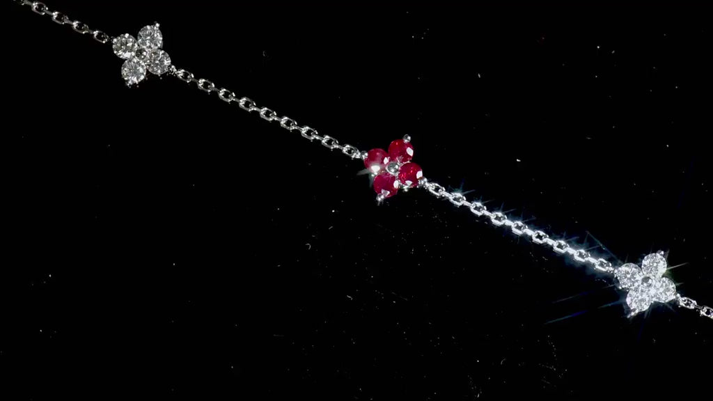 Natural 1.49 Ct. TW Ruby & Diamond Clover Station Bracelet, 14K White Gold