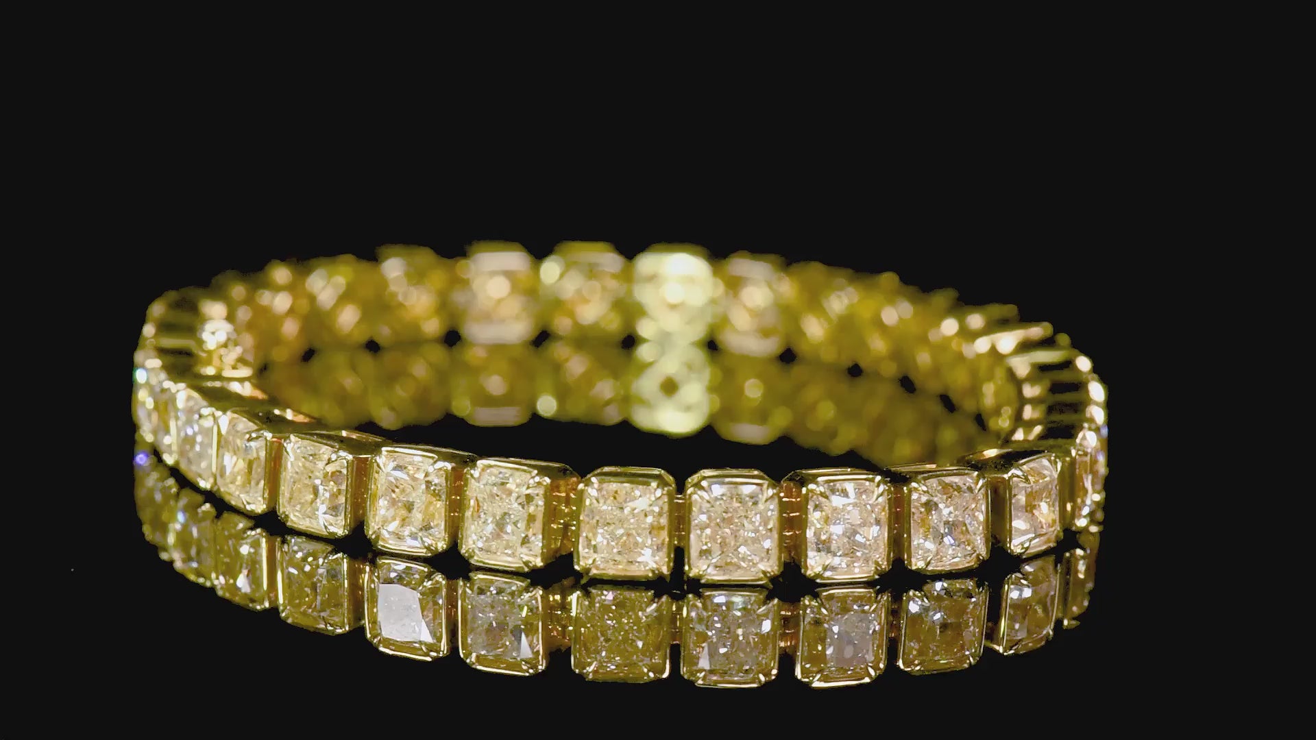 Natural Fancy Yellow Diamond Tennis Bracelet, 18K Yellow Gold, Radiant Shape, 27.80 Ct. TW