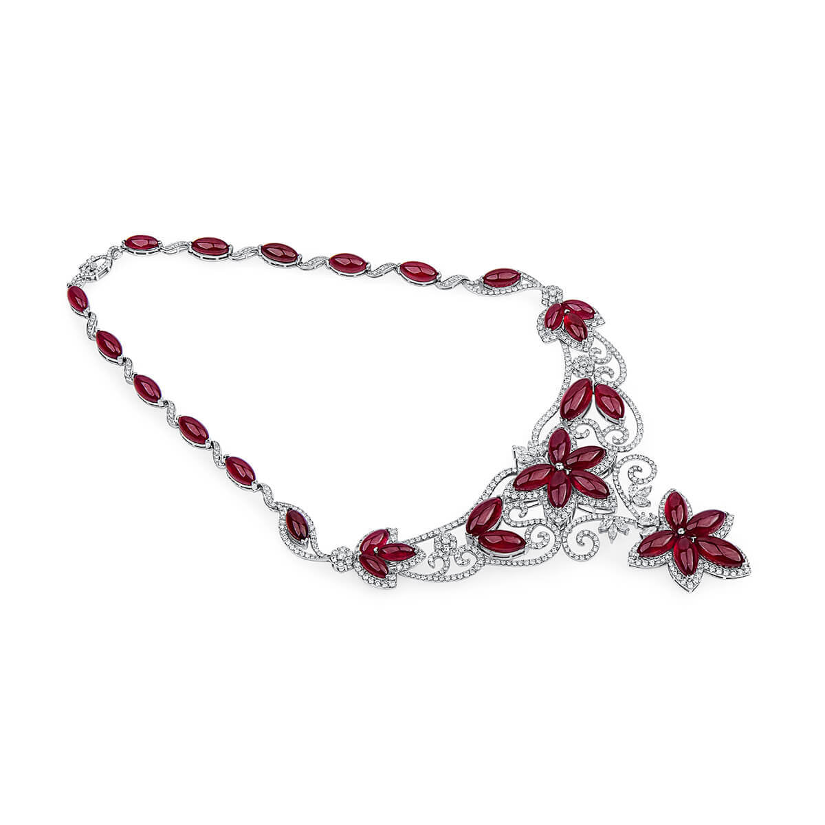 Natural Red Ruby Necklace, 18K White Gold, 158.68 Ct. TW
