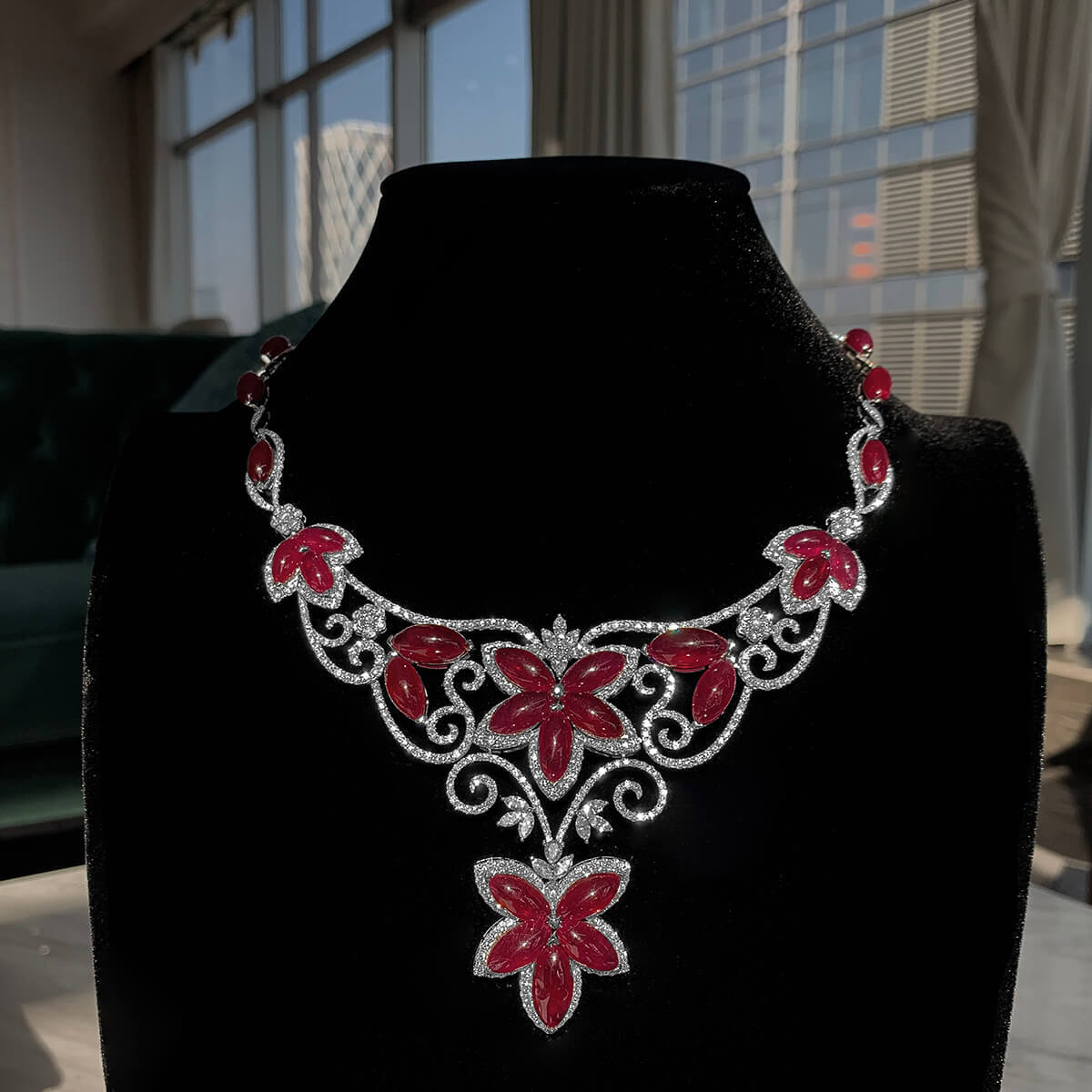 Natural Red Ruby Necklace, 18K White Gold, 158.68 Ct. TW