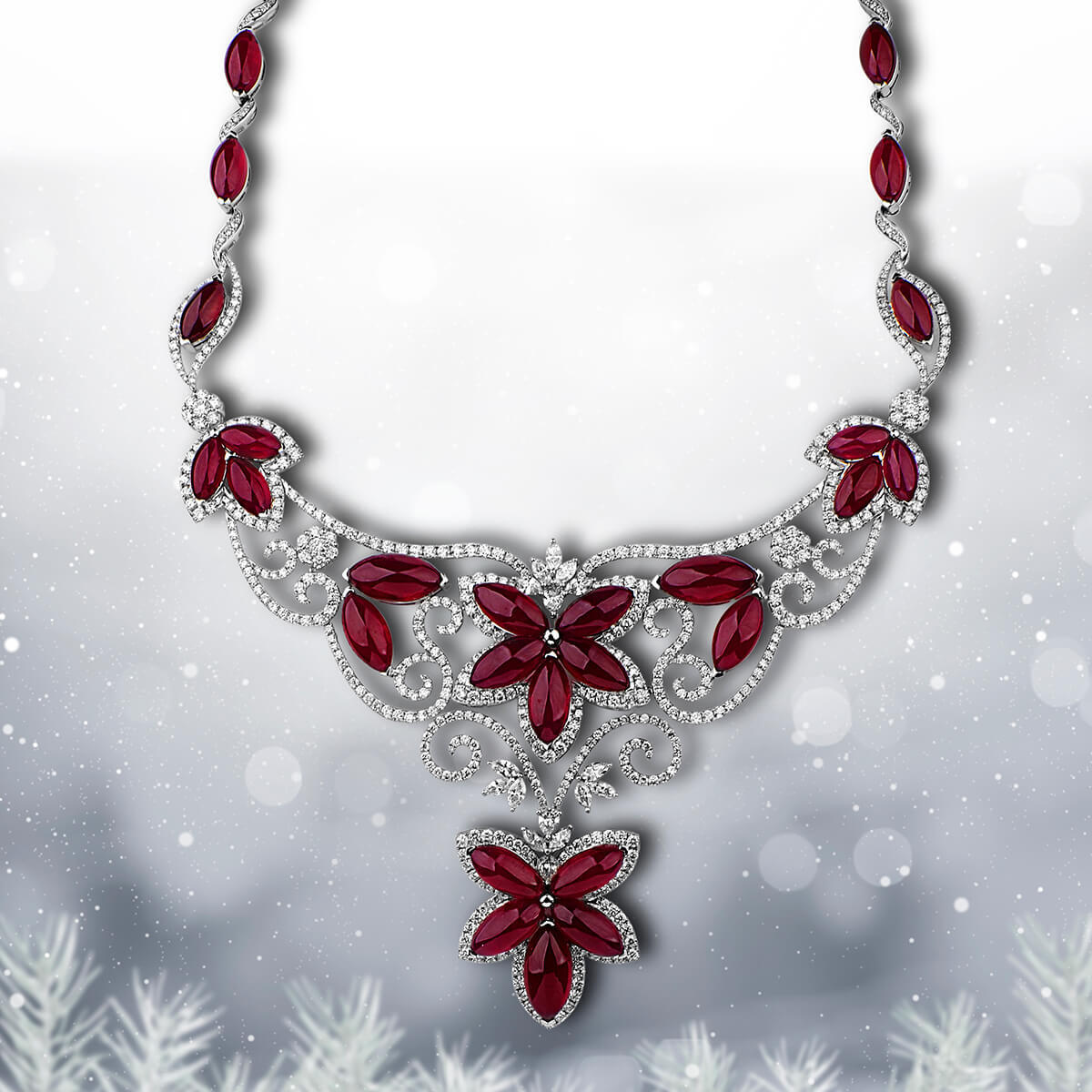 Natural Red Ruby Necklace, 18K White Gold, 158.68 Ct. TW