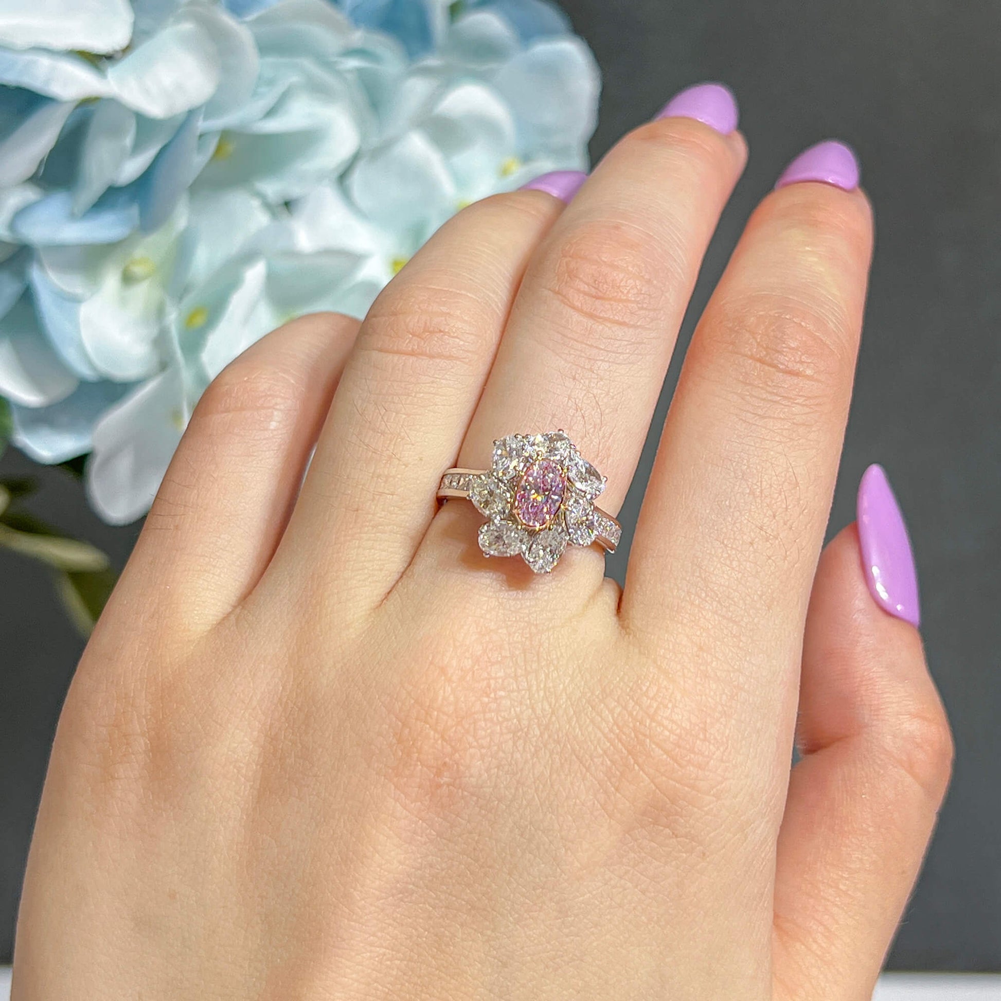 Natural Very Light Pink Diamond Halo Ring, 18K White & Rose Gold, Oval Shape, 3.09 Ct. TW